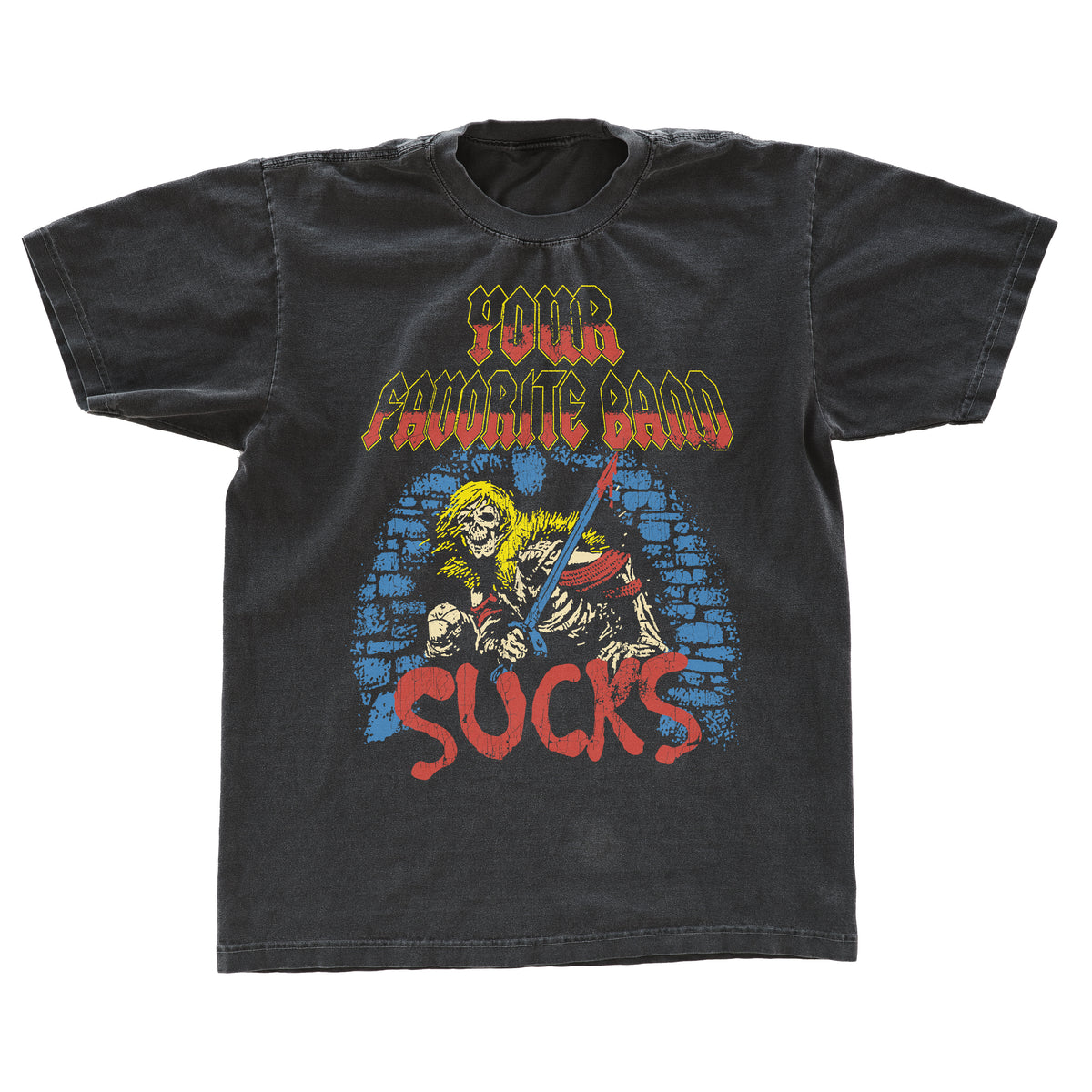 Your Favorite Band Sucks Vintage shirt, dark grey t-shirt with a colorful vintage metal-band style graphic